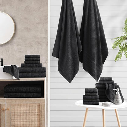 Casa Platino 100% Cotton Bathroom Towels Set - 24 Pcs - Ring Spun, Quick Dry, Soft & Absorbent - 2 Bath Sheets, 2 Gym, 2 Bath, 4 Fingertip, 6 Hand Towels, 8 Washcloths - Pre Shrunk - Black Towel Set