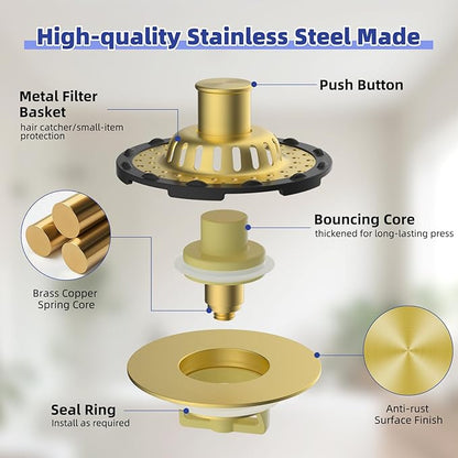 Universal Bathtub Drain Stopper Shower Drain Hair Catcher, Tub Stopper with Visible Top Strainer, Upgraded 3 in 1 Pop-up Drain Plug Fit for 1.5 to 2.4" Hole, Stainless Filter Basket, Brushed Gold
