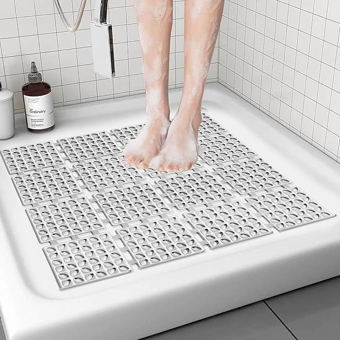 Shower Mat Non Slip，24"X24" Bathtub Mat Non Slip Square Shower Mats for Inside Shower with Drain Holes Suction Cups, Quick Drain, TPE Shower Floor Mat for Elderly & Kids (Light Gray)