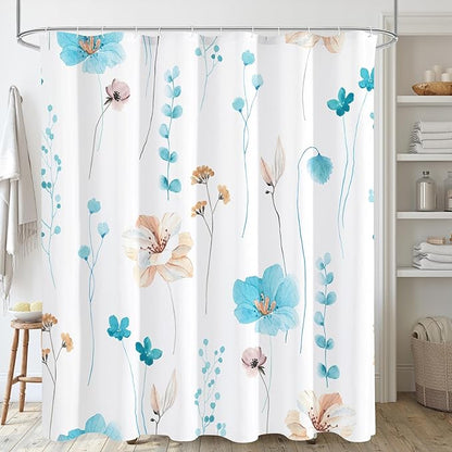 Gibelle Watercolor Floral Shower Curtain, Light Blue Beige Flower Shower Curtain for Bathroom, Modern Minimalist Waterproof Fabric Shower Curtain Set 72x72 Inch