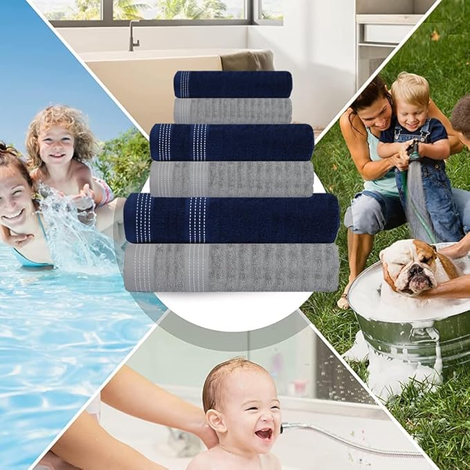 CASA COPENHAGEN Elegance Collection Towels 550 GSM 2 Bath Towel 2 Hand Towel 2 Washcloths, Super Soft Egyptian Cotton 6 Towels Set for Bathroom, Kitchen & Shower - Navy Blue + Grey