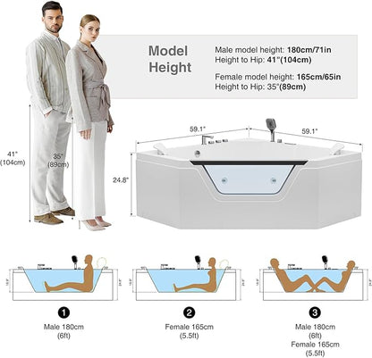 Empava PRO Series 59" Corner Whirlpool Tub for 2-Person | Luxury Jetted Spa with Thermostatic Control, Built-In Heater & Chromotherapy | Acrylic, White (ETL Certified)