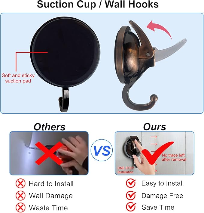 Heavy Duty Vacuum Suction Shower Hooks - Glass Suction Cup Hooks, Bathroom Robe Hooks - Reusable, No Hole Punched - Antique Brass, 4 Pack