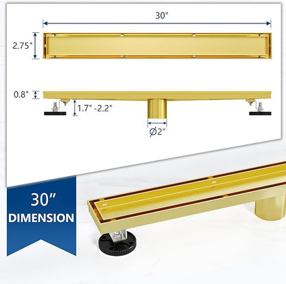 Neodrain 30-Inch Gold Linear Shower Drain with Tile Insert Cover, Golden 304 Stainless Steel Rectangle Shower Floor Drain, Linear Drain with Leveling Feet, Hair Strainer,CUPC Certified