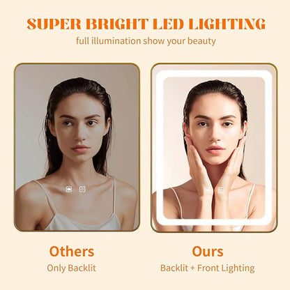 LED Bathroom Mirrors with Lights,24" x 36" Gold Square LED Mirror for Bathroom,Fogless,3 Colors Dimmable, Touch Sensor