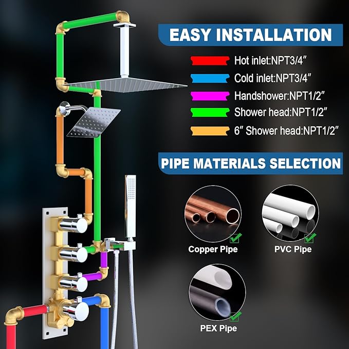 Enga Thermostatic Dual Shower Head System, 16"+6" Rain Shower Heads & Handheld Shower Faucet Set, Can All Run Together & Volume Adjustable, Chrome