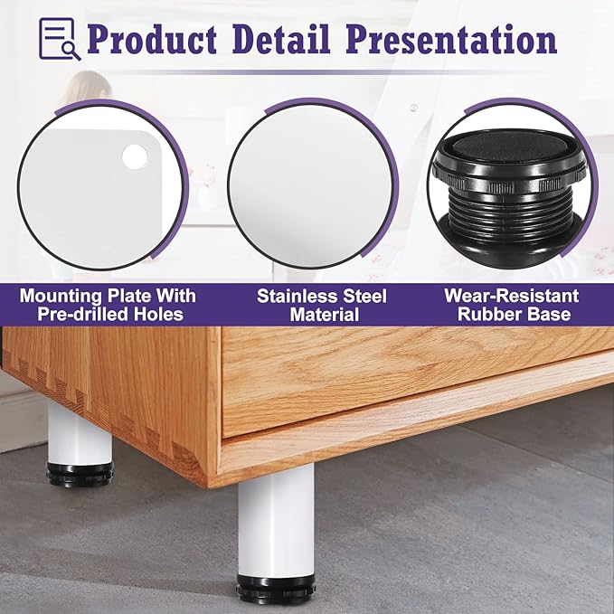 12 Inch Metal Furniture Legs - Stainless Steel, Adjustable, White, Round Cabinet Legs for Coffee Table, Cabinet, Desk, Sofa, Shelves - Pack of 4