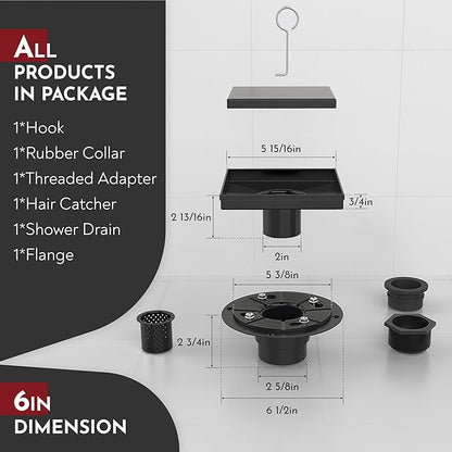 WEBANG 6 Inch Square Shower Drain Black Floor Drain with Flange Reversible 2-in-1 Cover Tile Insert Grate Removable SUS304 Stainless Steel CUPC Certified Matte Black