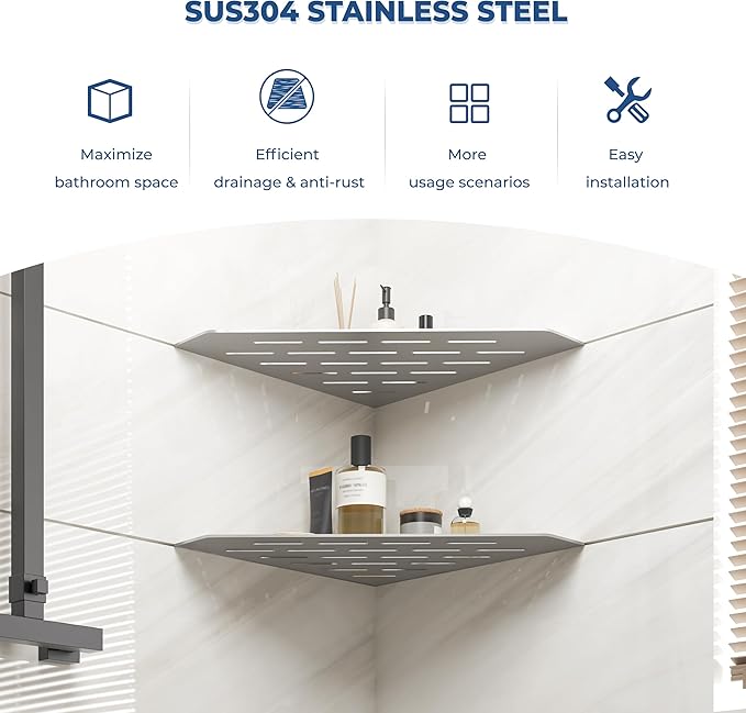 FerdY 2-Pack 10" Brushed Nickel Recessed Corner Shower Shelf, for Tiled Bathroom Walls, 304 Stainless Steel Floating Shelf, Shower Caddy Storage Shelves, No Drilling Required, Striped Diamond