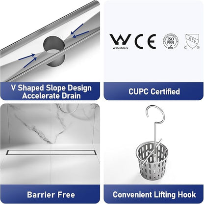 Linear Shower Drain 18", Brushed Floor Drain with Tiled Insert Grate & Hair Strainer, 304 Stainless Steel Bathroom 2-in-1 Tiled in Drain, CUPC Certified (Brushed, 18'')