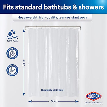 Clorox Shower Curtain Liner, Premium Heavyweight Durable Waterproof 8g PEVA for Bathroom with Weighted Magnets, Standard Size 72" x 72", Clear 1 Pack