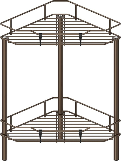 2 Tier Floor Standing Corner Shower Caddy Organizer Shelf with Hooks, Bathroom Shelves Stand Rack, Bronze