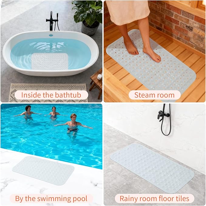 Anti-Slip Bathtub Shower mat, 27.5×14.5（Approximately 70×37cm） inch Soft Oversized Machine Washable Non-Slip Bathtub mat with Drainage Holes, Bathroom Floor Suction Cup.（1-Clear White）