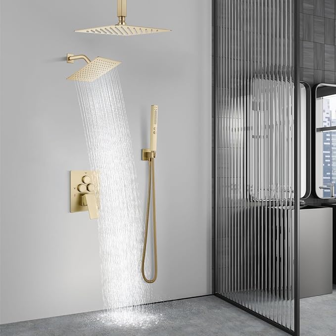 Aolemi Shower Faucet Set Ceiling Mount Shower System Rough-in Valve and Shower Trim Kit 10 and 6 Inch Dual Shower Head 2 in 1 Handheld Spray Push Button Diverter Brushed Gold