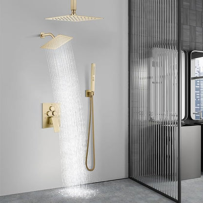 Aolemi Shower Faucet Set Ceiling Mount Shower System Rough-in Valve and Shower Trim Kit 10 and 6 Inch Dual Shower Head 2 in 1 Handheld Spray Push Button Diverter Brushed Gold