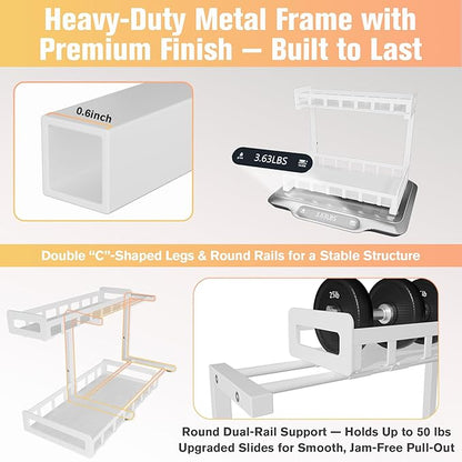 Under Sink Organizer, Metal Large Capacity 2-Tier Sliding Cabinet Storage Rack, Heavy-Duty Rust-Resistant Steel Frame, Holds 50 lbs, Adjustable Height 12–16", 14"D x 11"W for Kitchen & Bathroom, White