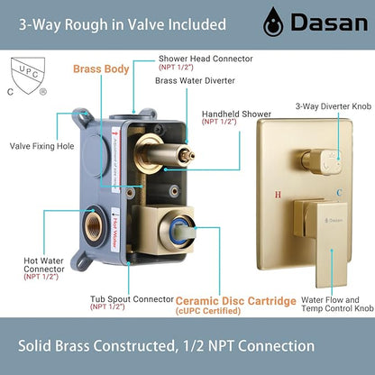 DASAN Tub Shower Faucets Sets Complete Brushed Gold Bathtub Shower System with Tub Spout, Bathtub Faucet Set Tub and Shower Faucet Combo Trim Kit with Rough-in Valve, DA-SS03BG-S10W
