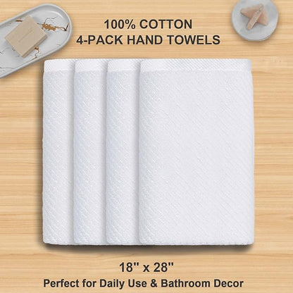 VOOVA & MOVAS White Hand Towels - 100% Cotton | Lightweight | Thick | Quick Dry | Soft | Absorbent, 4 Pack Large 18" x 28", Bath Hand Towels for Bathroom, Luxury Towel Gift Set