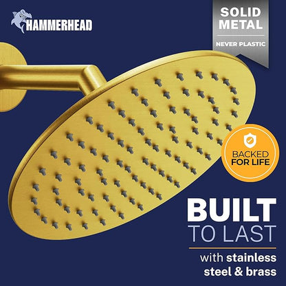HammerHead Showers Solid Metal Round 8 Inch Rainfall Shower Head, High Flow Shower Head Optimized for Pressure, Brushed Gold, 1.75 GPM