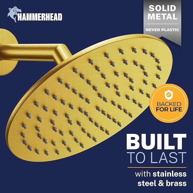 HammerHead Showers Solid Metal Round 8 Inch Rainfall Shower Head, High Flow Shower Head Optimized for Pressure, Brushed Gold, 2.5 GPM