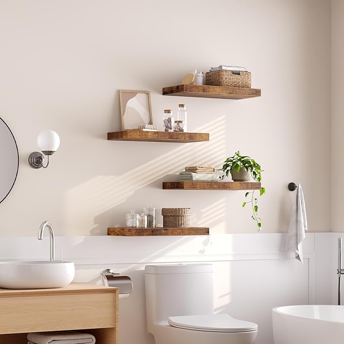 Floating Shelves for Wall, 1.5" Thick Wall Shelf Set of 4 with Invisible Brackets, 15.7L x 7.9W Hanging Shelves Farmhouse Home Decor for Bathroom, Living Room, Bedroom, Rustic Brown 4301BJP4BF