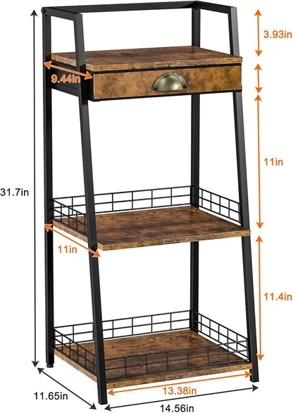 keomaisyto 3-Tier Bathroom Shelves with Canvas Drawer, Floor Bathroom Storage Shelf, Small Storage Stand Rack, Freestanding Ladder Shelf for Living Room Bedroom, Rustic Brown