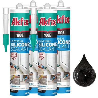 Akfix 100E RTV Black Silicone Caulk (4x10.1 fl.oz.) - 100% Waterproof Silicone Sealant for Kitchen and Bathroom, Shower, Toilet, Sink, Window and Door, No Yellowing | Black, 4 Pack