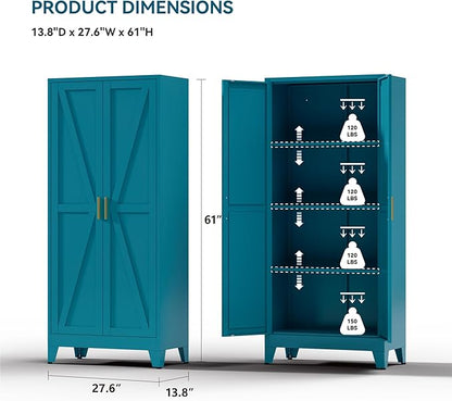 Metal Cabinets with Barn Doors and Adjustable Shelves,61" Tall Storage Cabinet,4-Tier Storage Cupboard for Kitchen,Dining Room,Garage,Bathroom,Blue
