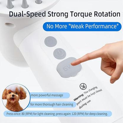 Electric Rotating Massage Dog Shampoo Spray Dispenser with Foam Brush [2025 Upgraded Version] Dual-core Electric pet Bath Brush | 2-Speed Variable Frequency SPA × Double Bubbles