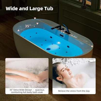 WOODBRIDGE 72" x 35-3/8" Whirlpool and Air Bath Heated Soaking Combination Tub with Adjustable Speed Air Blower, Tub Filler, and LED control panel, Matte Black Finish Trim and Drain Kit, BM500+F0051MB