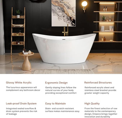 BATHTUB 67" Free Standing Tub, Luxury Acrylic Soaking Tub, Modern Stand Alone Tub with Ergonomic Design, Glossy White, Brushed Nickel Drain & Overflow Included