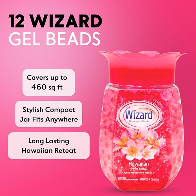 12 WIZARD Odor Eliminator Gel Beads - 12 oz, Air Freshners For Bathroom. Rooms, Per Areas and Car Freshner - Hawaiian Retreat