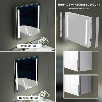 WELLFOR 30" X 30" LED Medicine Cabinet with Mirror, Double Opening Door, Recessed or Surface Cabinet Mirror, Bathroom Mirror Cabinet, Medicine Cabinet with Lights with Outlets & USB Ports