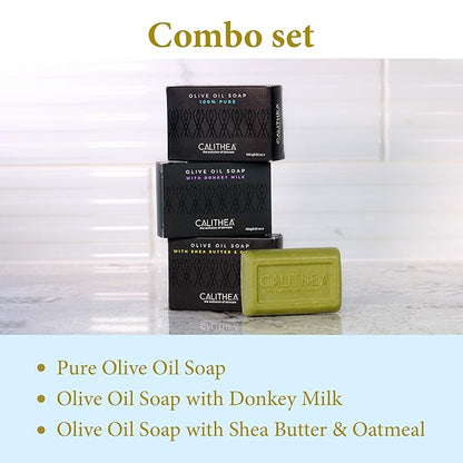 Calithea 3 Pack Olive Oil Based Soap Bars: 100% Pure Olive Oil Soap, Donkey Milk, and Shea Butter & Oatmeal Soap Bars