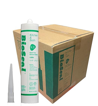 White BioSeal 100% Silicone Sealant Caulk Kitchen and Bath Grade, Waterproof and No Odor 10.1 Ounce Cartridge, 25 White Tubes/Box