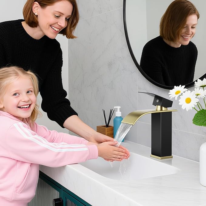 Bathroom Faucets Matte Black and Gold Waterfall Bathroom Sink Faucet Modern Single Handle Bathroom Faucet for 1 or 3 Hole Mxier Tap Washbasin Faucet with Deck, Pop-up Drain and Supply Hoses