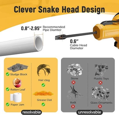 Electric Drain Auger, 21V Cordless Drain Snake, 25Ft Auto-Feed Snake Drain Hair Removal Tool with 2.0Ah Battery, Sink Snake Drain Cleaner for Sewer, Kitchen, Shower 3/4"-2.95" Pipes(Bag&Gloves&Rag）