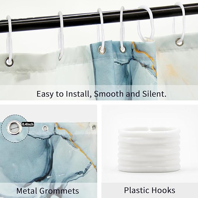 Gibelle Small Stall Shower Curtain 36 x 72, Narrow Half Abstract Grey Blue Marble Shower Curtain, Modern Ink Art Waterproof Fabric Shower Curtain Set with Hooks