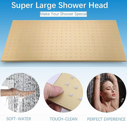 Brushed Gold Rain Shower System Thermostatic Bathroom Faucet Set 16X32 Inch Ceiling Mount Shower Head Set Complete With Thermostatic Control Valve Use All In One