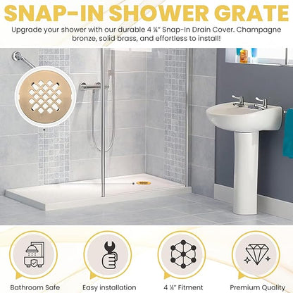 4 ¼” Champagne Bronze Snap-in Shower Drain Cover - New Brass Replacement - 4.25" OD Shower Drain Strainer - Easy Install - Premium Round Shower Drain Cover - Solid Brass Construction