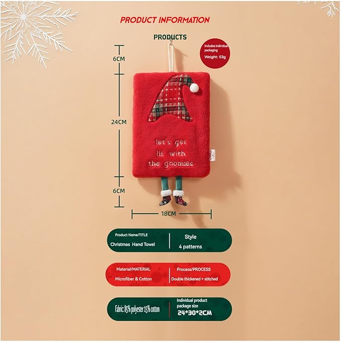 Cesqouc® 4pcs New Hand Towels with Hangable Linen and Christmas Decorative Feet with Christmas Patterns:Santa Claus,Witch Hat,Snowman,Elk for Bathroom/Kitchen/Living Room