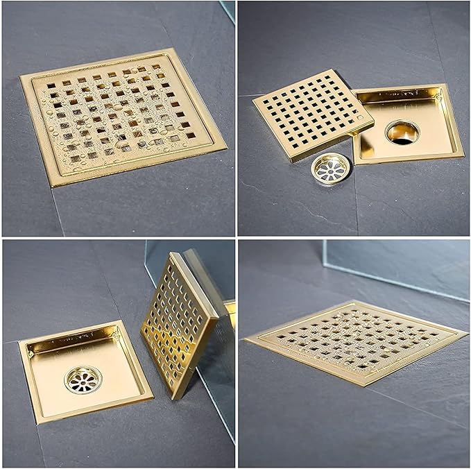 RANDOM Brushed Gold Shower Drain Square 6 Inch Shower Drain Cover Kit with Flange,SUS 304 Stainless Steel Shower Floor Drain with Removable Grid Cover and Hair Strainer