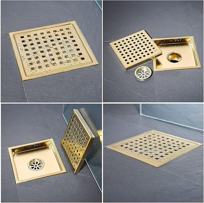 RANDOM Brushed Gold Shower Drain Square 6 Inch Shower Drain Cover Kit with Flange,SUS 304 Stainless Steel Shower Floor Drain with Removable Grid Cover and Hair Strainer