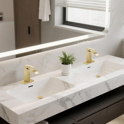 Bathroom Faucets Brushed Gold Waterfall Bathroom Sink Faucet Modern Single Handle Bathroom Faucet for 1 or 3 Hole Mxier Tap Washbasin Faucet with Deck, Pop-up Drain and Supply Hoses 2 Pack