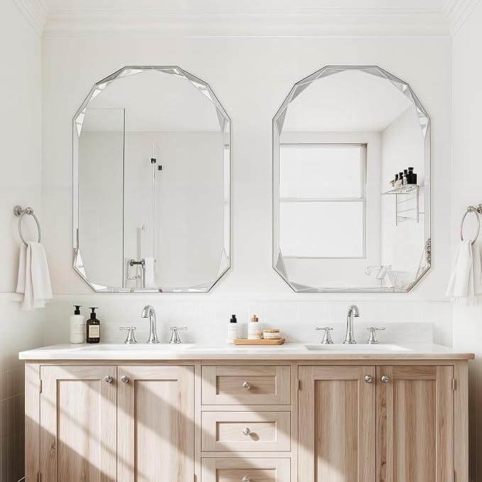 Bathroom Mirror for Wall, 20" x 30" Arched Mirror, Bathroom Vanity Mirrors, Beveled Edge Frameless Wall Mount Vanity Mirrors, Wall Mirror Decorative, Irregular Beveled Edge Mirrors