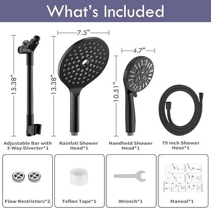 HOWUWEY Dual Shower Heads with Handheld Spray Combo, 7.5" High Pressure Rainfall Showerhead, Double Shower Heads with Handheld Spray, 9 Modes Hand Showerhead with 79" Hose (Standard, Matte Black)