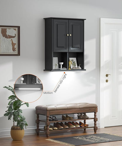 HAIOOU Bathroom Wall Cabinet with Motion Sensor LED Light, Wooden Medicine Cabinet Wall Mounted Cupboard, Over Toilet Storage Cabinet with Buffering Hinges and Adjustable Shelf - Black