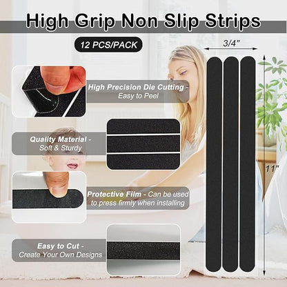 S&X Non Slip Safety Stickers,Gritty Textured Slip-Resistant Treads,0.75-Inch by 11-Inch,12 Strips Per Pack (Black)