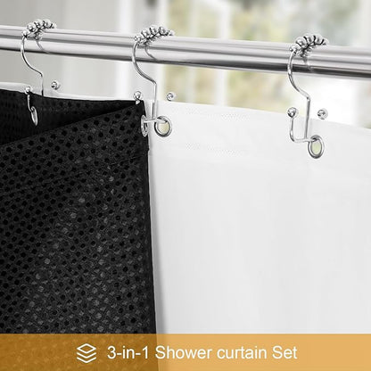 3 in 1 Shower Curtain Set, Black Waffle Shower Curtain and PEVA Liner Set with 12 Stainless Steel Shower Curtain Hooks, Waterproof Fabric Shower Curtains for Bathroom, 72 W x 72 H
