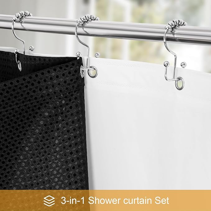 3 in 1 Stall Half Size Shower Curtain Set-36 W x 72 H, Black Waffle Waterproof Fabric and PEVA Liner Set with Stainless Steel Hooks